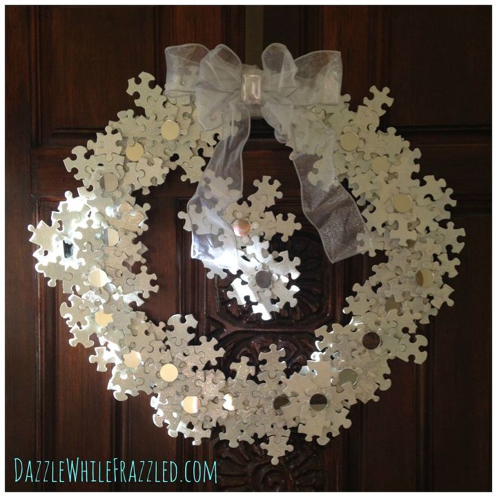 from old puzzle to glittery snowflake wreath, christmas decorations, crafts, how to, seasonal holiday decor, wreaths