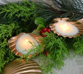 beautiful gold candles made using spray paint and sea shells, christmas decorations, crafts, seasonal holiday decor
