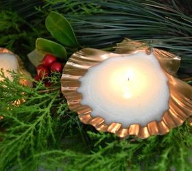 beautiful gold candles made using spray paint and sea shells, christmas decorations, crafts, seasonal holiday decor