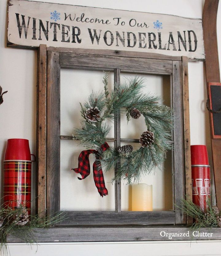 anchoring a christmas mantel with an old weathered window frame, christmas decorations, fireplaces mantels, seasonal holiday decor