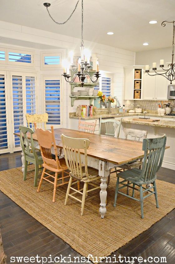 diy chippy farm table w mismatched chairs, diy, kitchen design, painted furniture, woodworking projects