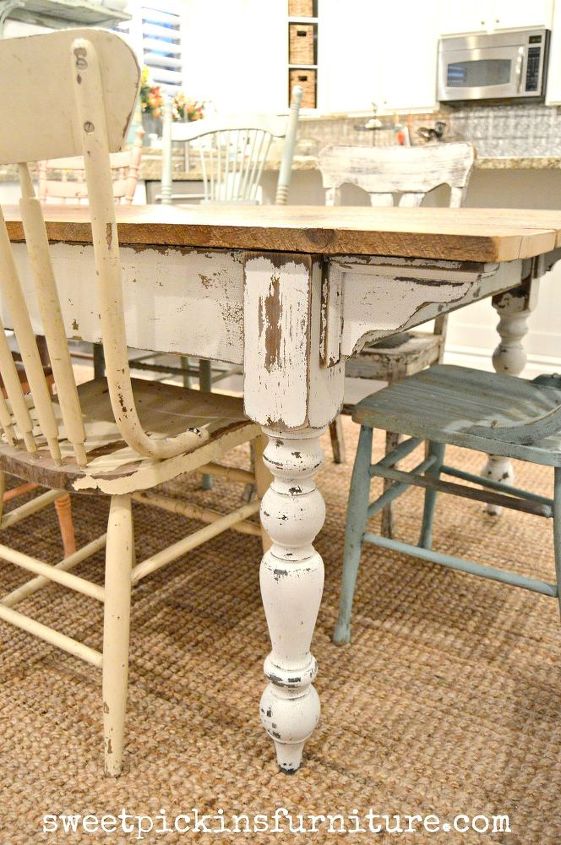 diy chippy farm table w mismatched chairs, diy, kitchen design, painted furniture, woodworking projects