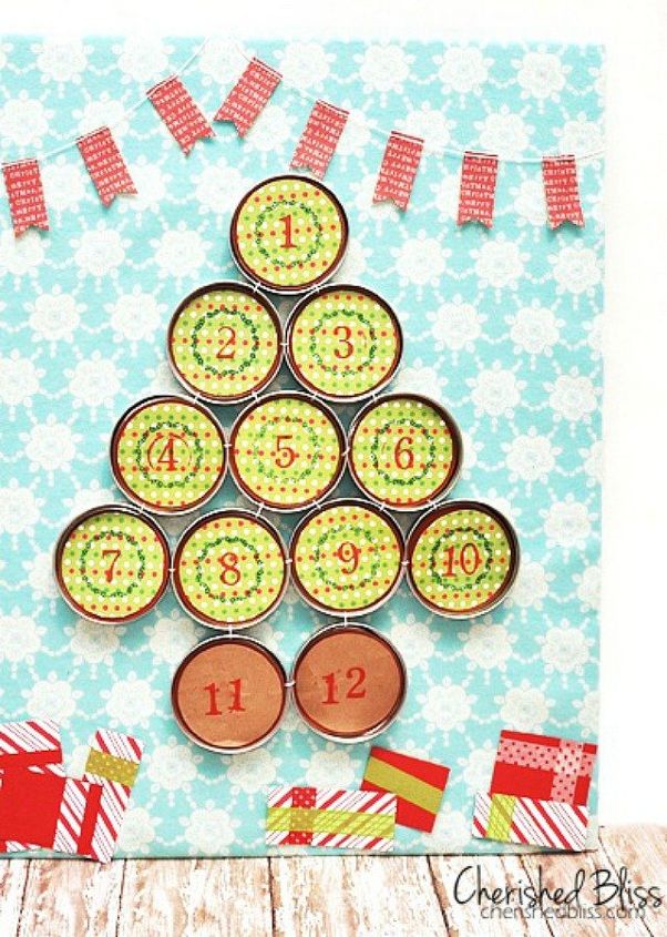 s 35 fresh advent calendar ideas to start right away, christmas decorations, crafts, home decor, seasonal holiday decor, Hanging Mason Jar Lids