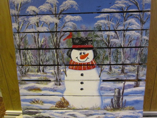 pallet wood snowman in the woods, painted furniture, pallet, seasonal holiday decor