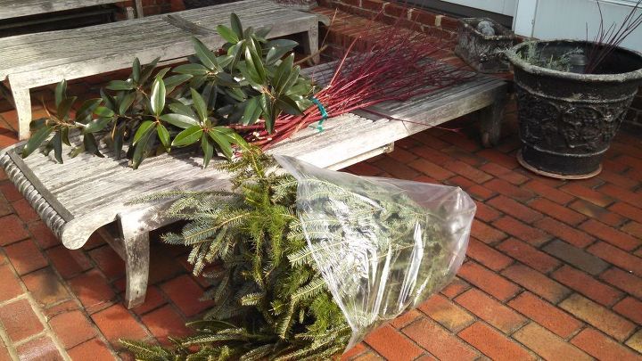 home for christmas winter greens from the garden, christmas decorations, container gardening, gardening, repurposing upcycling, seasonal holiday decor, Supplies garden remnants
