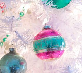 preppy pink green christmas tree with vintage shiny brite ornaments, christmas decorations, seasonal holiday decor