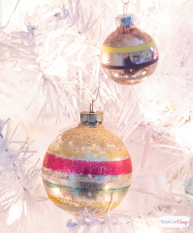 preppy pink green christmas tree with vintage shiny brite ornaments, christmas decorations, seasonal holiday decor