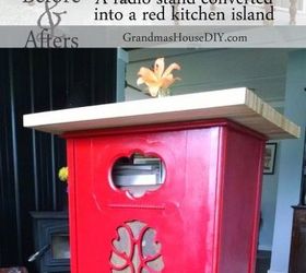 a radio stand converted into a red kitchen island, kitchen design, kitchen island, painted furniture, repurposing upcycling