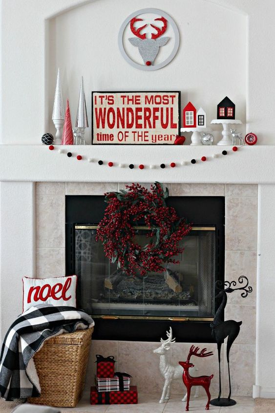 red and black christmas mantel, christmas decorations, fireplaces mantels, seasonal holiday decor