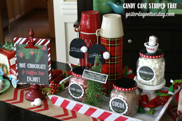 hot chocolate coffee bar, christmas decorations, seasonal holiday decor