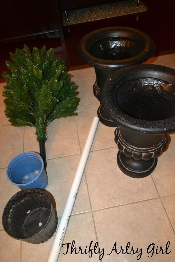 diy potted topiary skinny christmas trees in urns, christmas decorations, container gardening, diy, gardening, seasonal holiday decor
