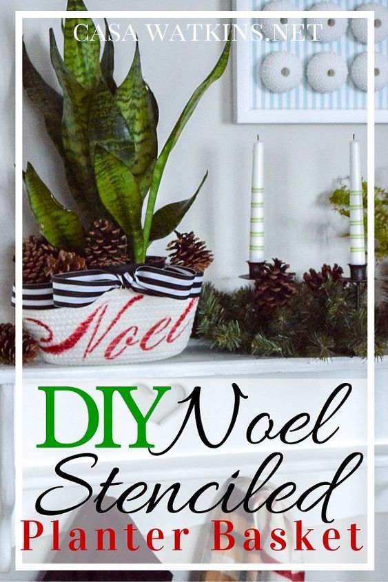 stenciled noel planter basket with free stencil giveaway, christmas decorations, container gardening, crafts, gardening, seasonal holiday decor