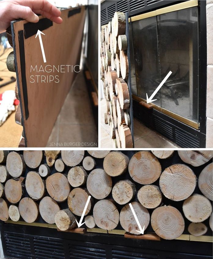 faux stacked log fireplace screen, crafts, fireplaces mantels