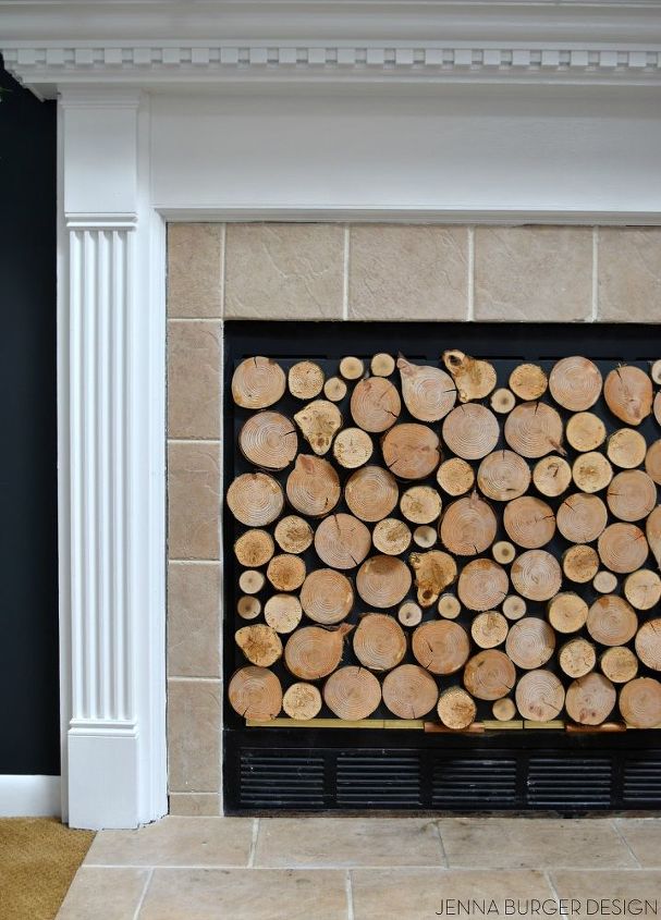 faux stacked log fireplace screen, crafts, fireplaces mantels