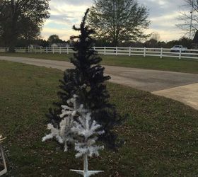 dingy white tree tree spray painted black, christmas decorations, seasonal holiday decor, Almost finished spraying