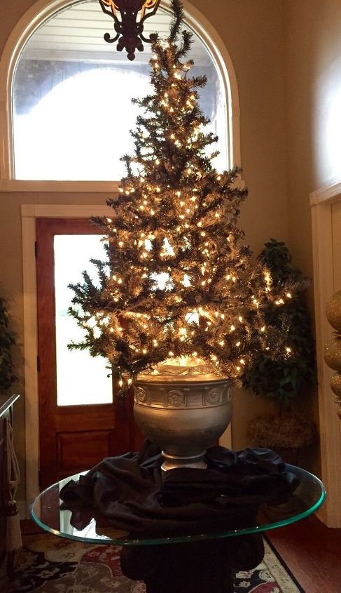 dingy white tree tree spray painted black, christmas decorations, seasonal holiday decor, Added lights