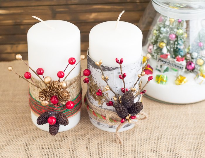 festive christmas candles, christmas decorations, crafts, seasonal holiday decor