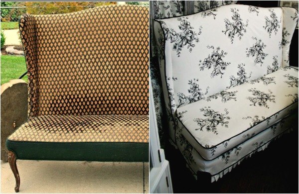 s 14 shocking furniture transformations using fabric, painted furniture, reupholster, She Turned This Old Settee Chic