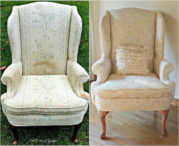 s 14 shocking furniture transformations using fabric, painted furniture, reupholster, Her Wingback Chair Is As Sweet As Angel Song