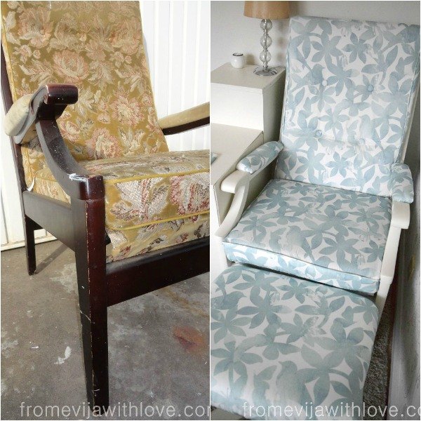 s 14 shocking furniture transformations using fabric, painted furniture, reupholster, Her Soothing Transformation for a Dark Seat