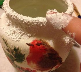 reuse an old candle jar to create this christmas candle holder, chalk paint, christmas decorations, crafts, decoupage, repurposing upcycling
