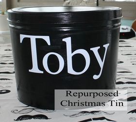 s 8 clever things to do with empty christmas tins, organizing, repurposing upcycling, seasonal holiday decor, storage ideas, Vinyl Lettering Personalized Bin