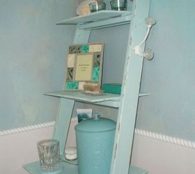 old ladder new bathroom shelves, bathroom ideas, repurposing upcycling, shelving ideas, Top coated with Valspar flat color radiance spray 86007 Image similar to duck egg blue