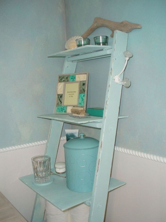 old ladder new bathroom shelves, bathroom ideas, repurposing upcycling, shelving ideas, Top coated with Valspar flat color radiance spray 86007 Image similar to duck egg blue