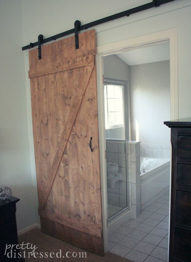 diy distressed sliding barn door, bathroom ideas, diy, doors, woodworking projects