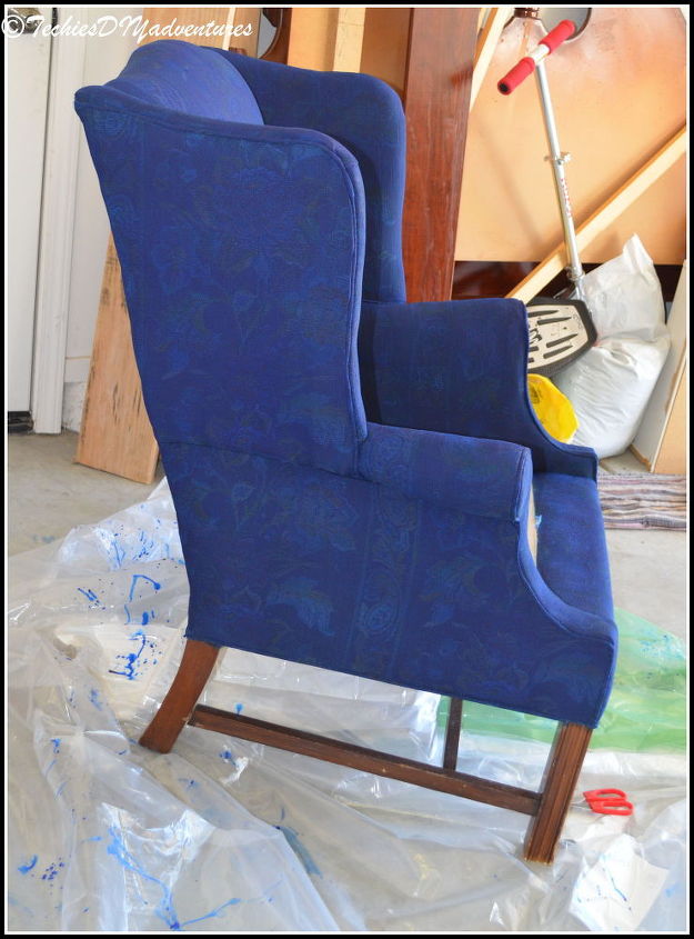 painted fabric upholstered wing back chair, painted furniture, reupholster