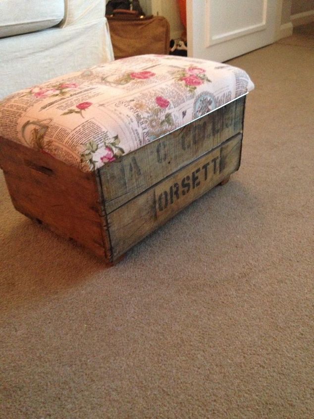 upcycle foot stool from crate, repurposing upcycling, reupholster