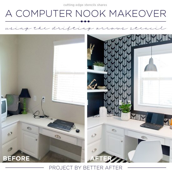 a computer nook makeover using the drifting arrows stencil, painting, wall decor