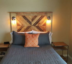 plank wood and pallet wood headboard with accent lights, bedroom ideas, diy, pallet, rustic furniture, woodworking projects