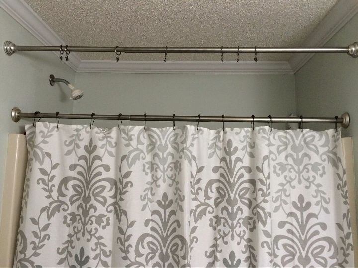 no sew shower curtain valance in no time, bathroom ideas, how to, reupholster, Second Tension Rod