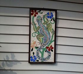 custom mosaic on hardi backer board, home decor, tiling, this is a mosaic that hangs on my house it s stained glass on wood