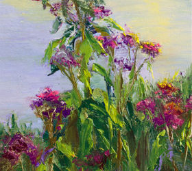 my garden paintings at the cottage, flowers, painting, Sunset with Purple original oil painting 6 x 8 It was a beautiful sunset and so peaceful as I painted