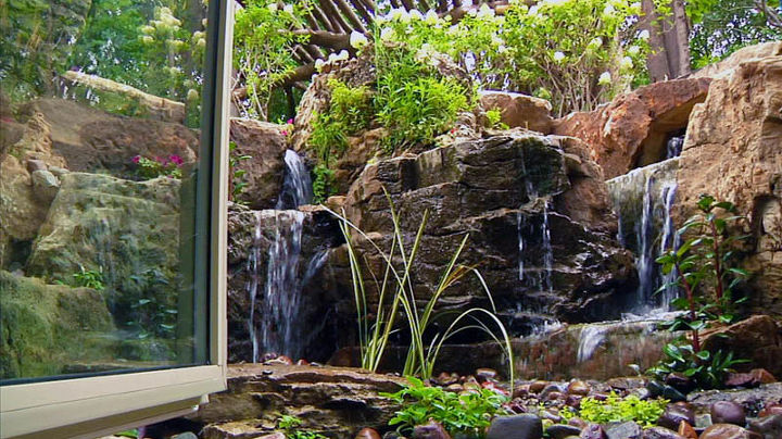 waterfalls for window wells, outdoor living, ponds water features, window treatments, windows, This basement office now has a beautiful view of a small waterfall Open the window to enjoy the sound