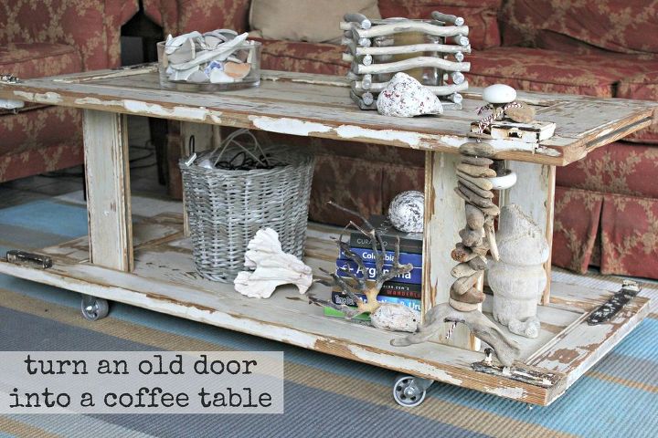 use old doors to diy a rustic and eclectic coffee table, painted furniture, repurposing upcycling, rustic furniture, completed coffee table
