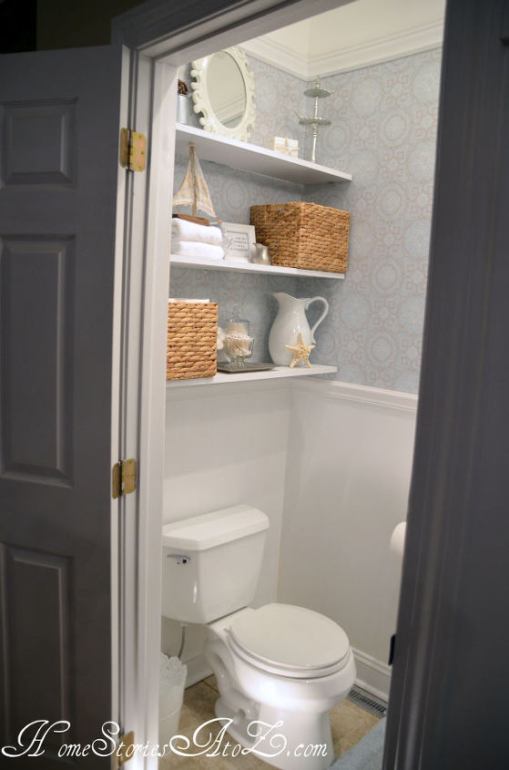 half bath reveal and semi floating shelves, bathroom ideas, shelving ideas, storage ideas, My shelves add storage and another fun place to accessorize