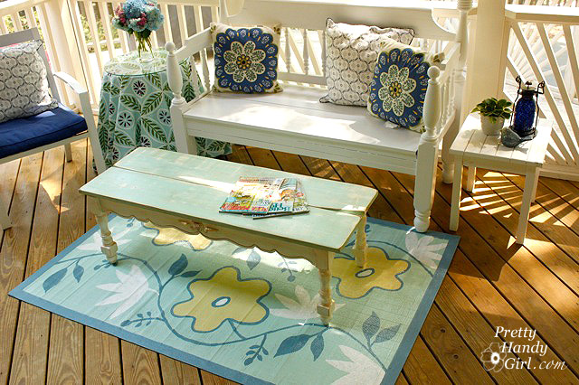 screen porch makeover, home decor, painted furniture, repurposing upcycling, A little paint transforms a bench table and rug