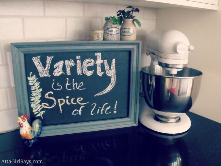 chalkboard spice rack yard sale find transformation, chalk paint, kitchen design, repurposing upcycling, storage ideas, With a little paint I turned this frame box into a fun and functional chalkboard spice rack
