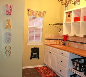 bright and cheery laundry room, home decor, laundry rooms, shelving ideas, Another view and my fabric letters