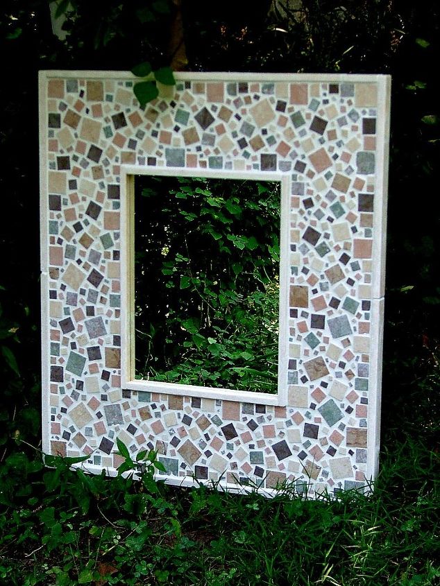 mosaic mirrors created from tile glass and hand made concrete leaves, repurposing upcycling, tiling