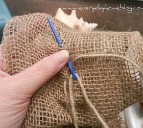 6 ruffled burlap shade lamp makeover, crafts, home decor, All I needed was a roll of burlap ribbon a roll of jute twine a plastic sewing needle and a hot glue gun Oh and some shells