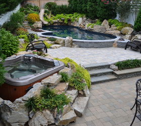 want to see an awesome pool and spa in a small backyard, landscape, outdoor living, ponds water features, pool designs, spas, Pool and Spa in small backyard with large boulders Aquascape waterfall and landscaping