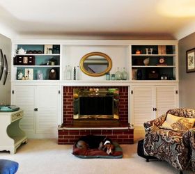 fireplace and built ins before and after, fireplaces mantels, home decor, living room ideas, The repainted and restyled fireplace and built ins