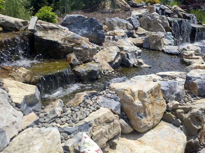 pond stream and cambridge patio project in shoreham long island, decks, landscape, outdoor living, patio, ponds water features, Small waterfall and stream