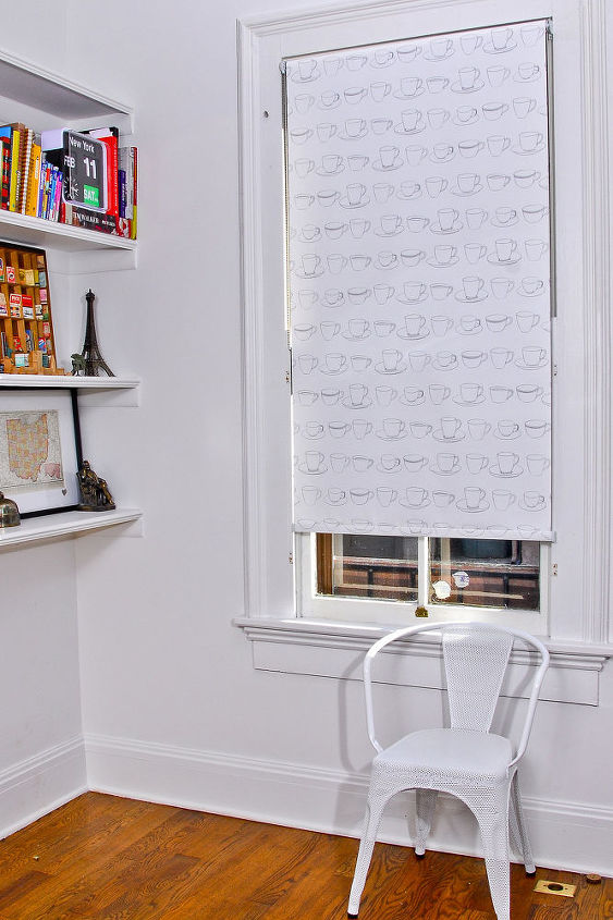 diy project spice up plain white vinyl window shades with wallpaper here s how, home decor, window treatments, windows
