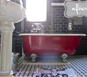 our black white amp classic master bathroom, bathroom ideas, diy, home decor, home improvement, how to, The view from the toilet ha of our tub Clementine We completely refinished her ourselves from repainting the outside red as she was when we bought her to the claw feet and the white interior