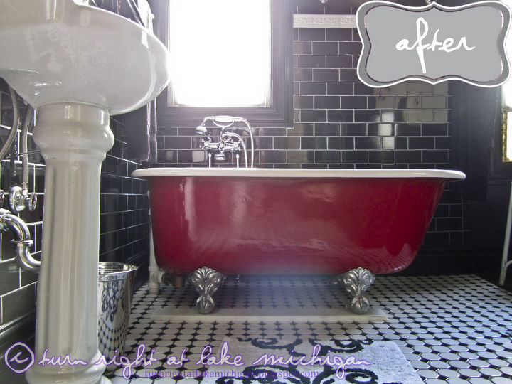 our black white amp classic master bathroom, bathroom ideas, diy, home decor, home improvement, how to, The view from the toilet ha of our tub Clementine We completely refinished her ourselves from repainting the outside red as she was when we bought her to the claw feet and the white interior